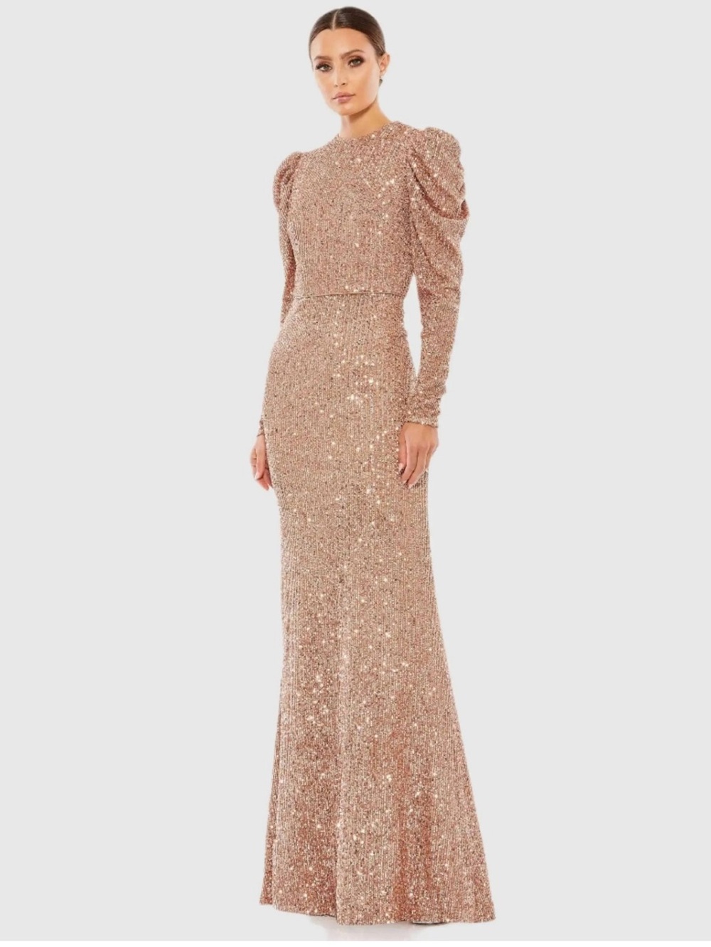 Ieena for Mac Duggal Sequined High-Neck Puff Long Sleeve Column Gown 
Size 2 NWT